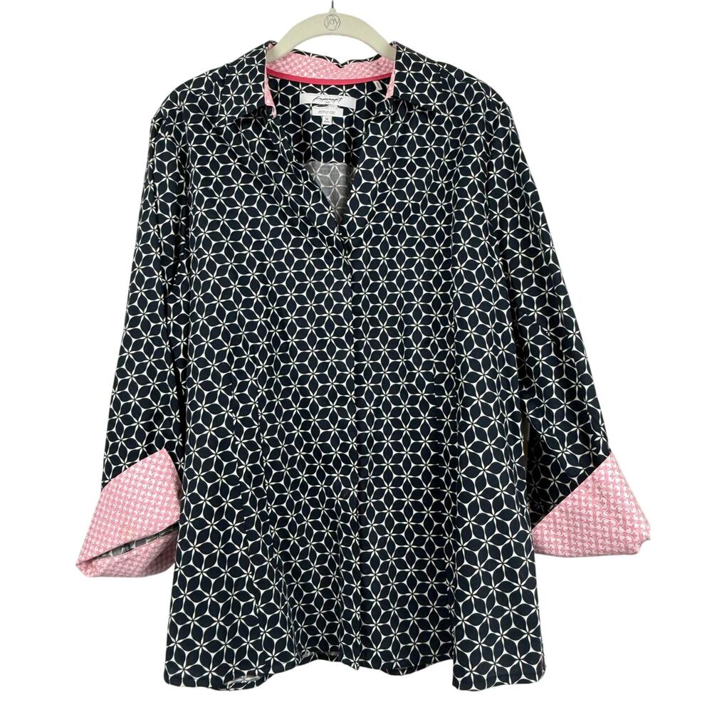 Foxcroft NYC Womens Navy Geometric Print Fitted Blouse Size 14 Career Statement